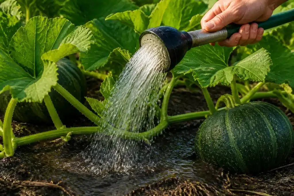 Arrosage abondant au pied des potirons en croissance
