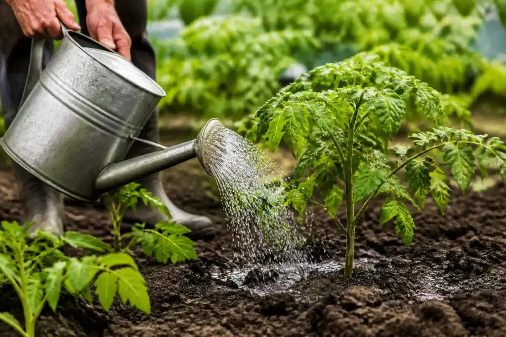 Mains versant eau régulière sur plant tomate en terre humide