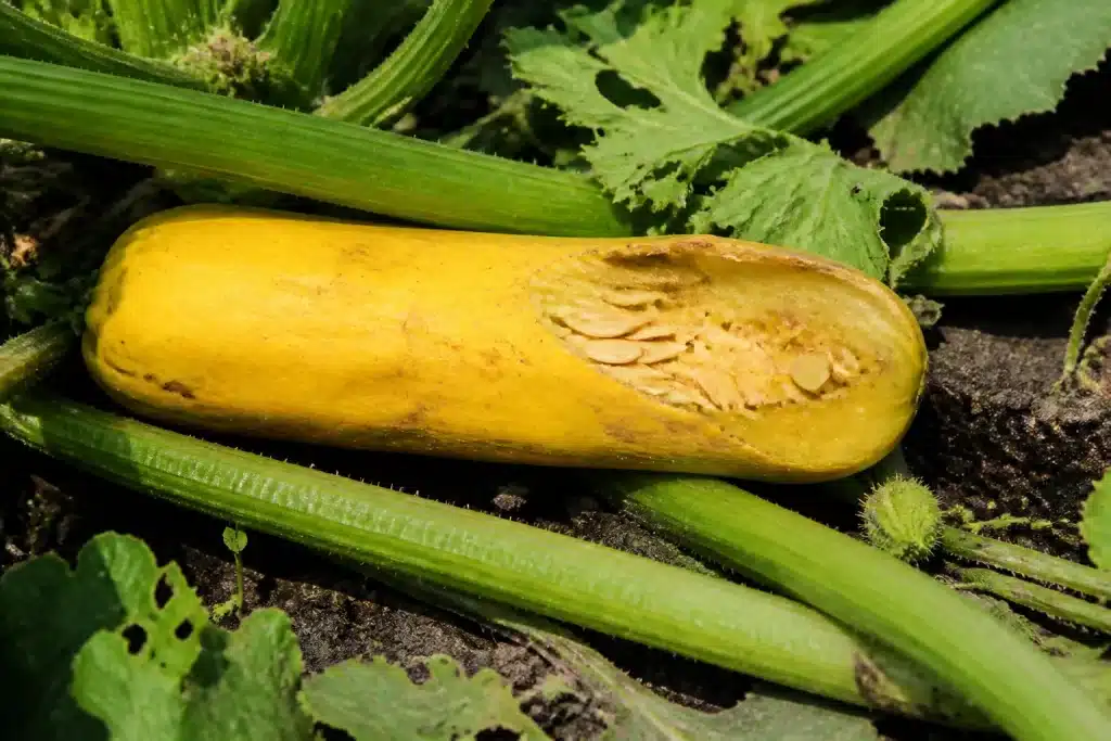 Grosse courgette jaunie avec graines visibles, plant endommagé
