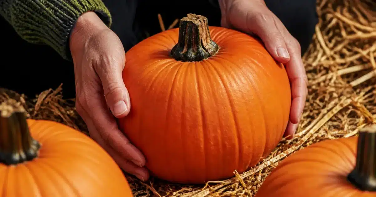 Mains soulevant délicatement une courge orange posée sur paille marron