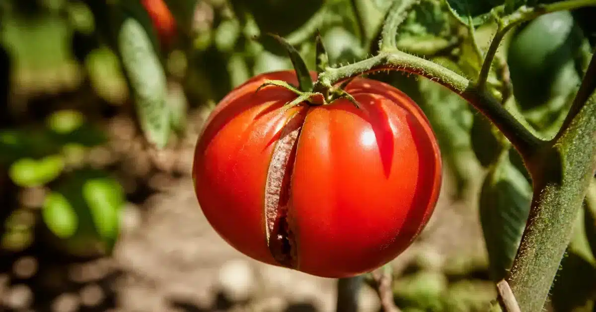 Tomate mûre fendue verticalement exposée au soleil intense