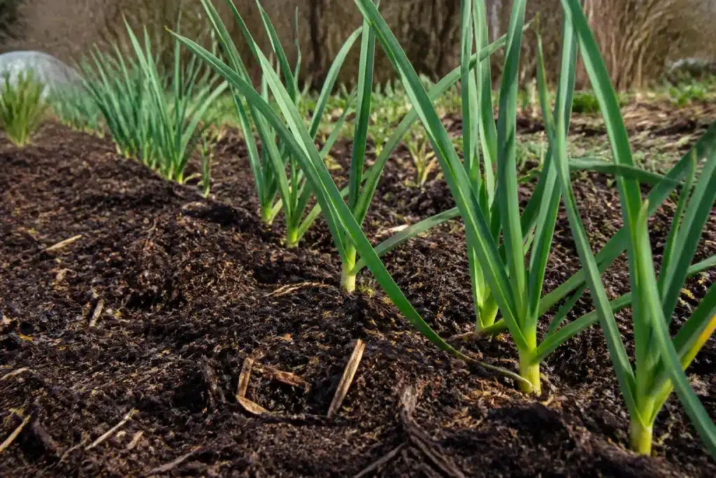Plants d'ail en rangees avec compost applique au sol