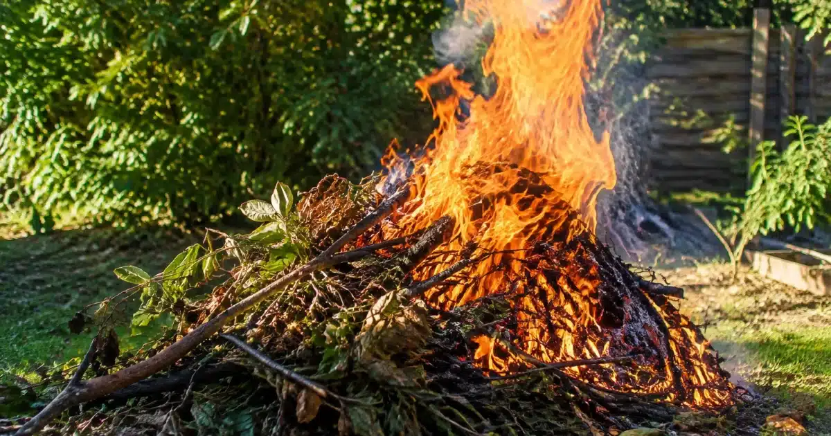 Tas de branches et feuilles brulant dans jardin avec flammes