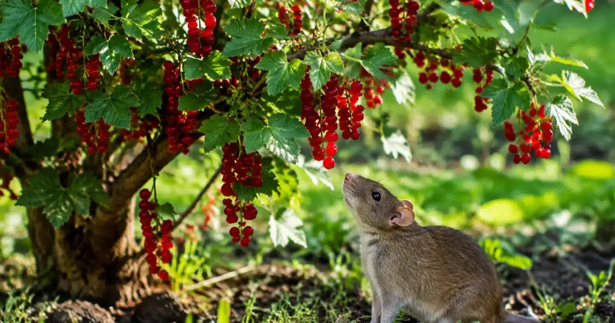 Arbre fruitier chargé de fruits rouges attirant rongeur au sol