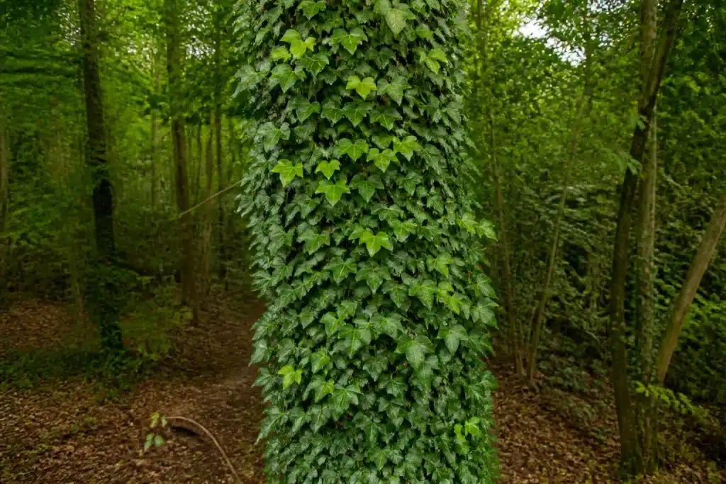 Jeune arbre enveloppé de lierre dense et épais
