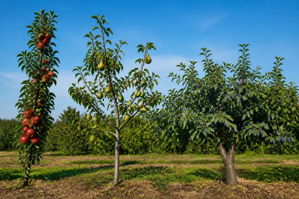 Trois echantillons d'arbres fruitiers avec differentes structures
