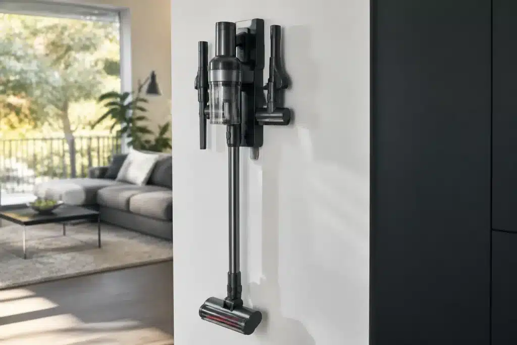 Aspirateur vertical avec embouts et support mural integre
