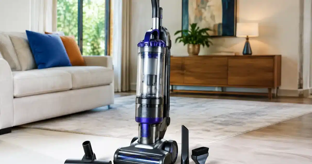 Aspirateur cyclonique vertical posé sur surface blanche avec accessoires