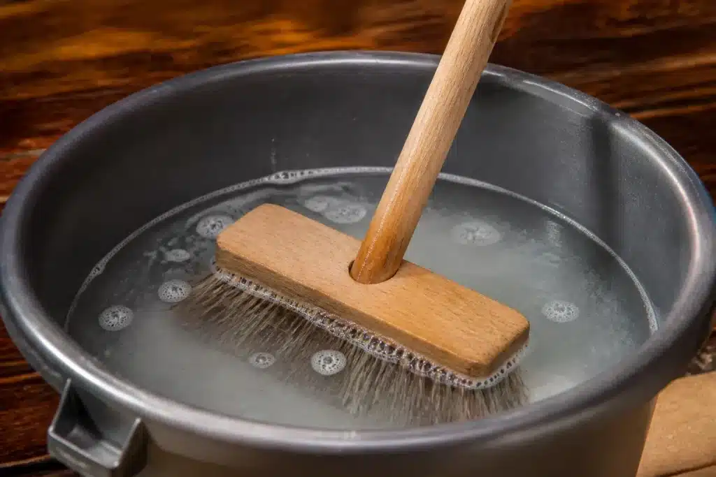 Balai de cuisine trempe dans eau chaude vinaiigre blanc sel
