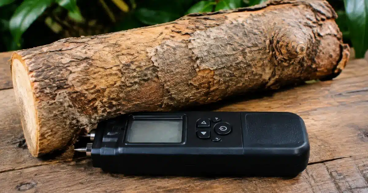 Bûche posée horizontalement sur humidimètre numérique noir