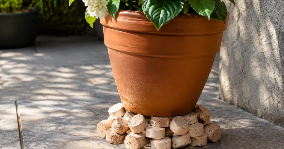 Bouchons beiges empiles sous pot fleur