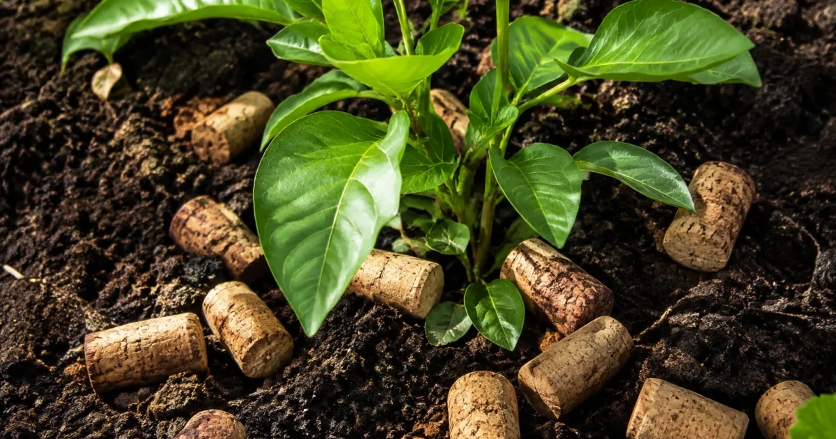 Bouchons liege enfouis dans sol sombre entourant plante
