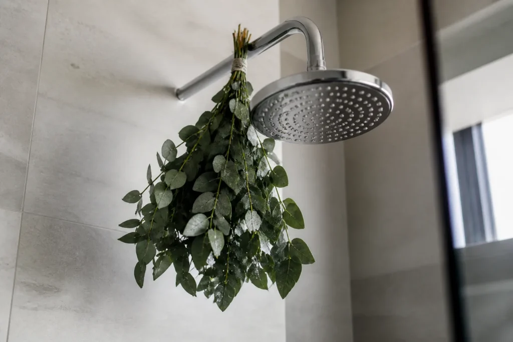 Branche eucalyptus attachee a une pomme de douche