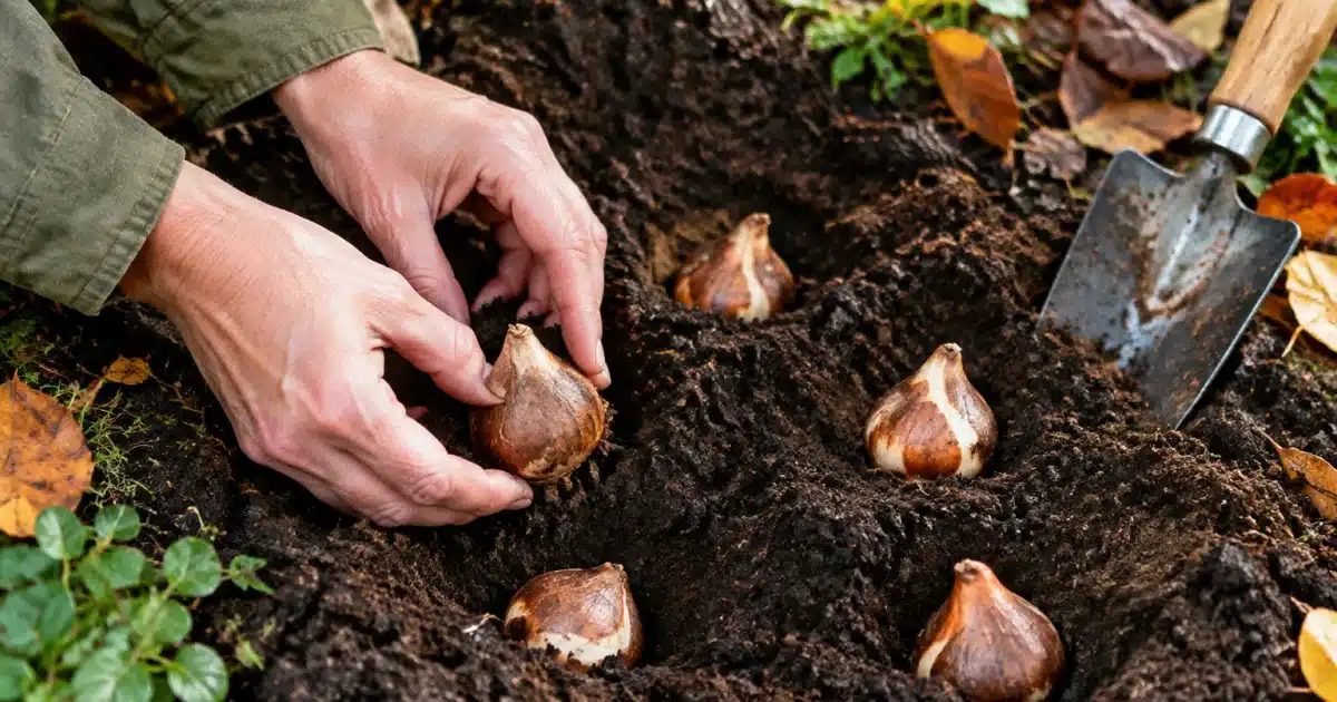 Mains enfouissant six bulbes dans terre humide automne