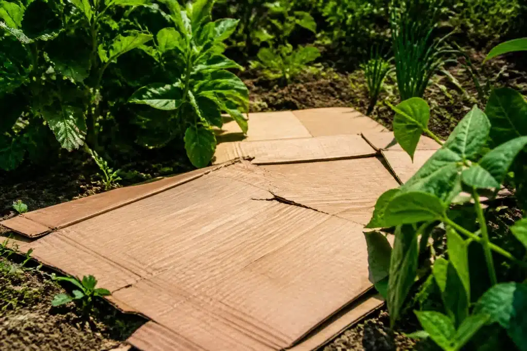 Carton brun etendu sur terre entre plantes vertes