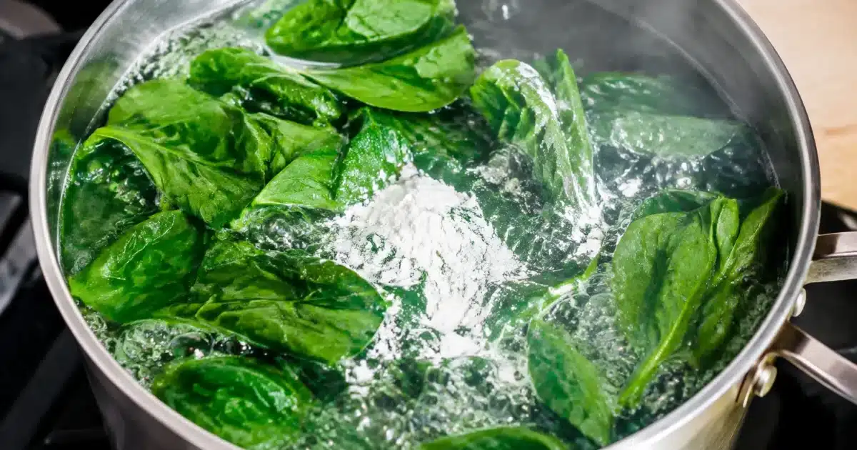 Casserole eau bouillante avec feuilles vertes et poudre blanche dedans