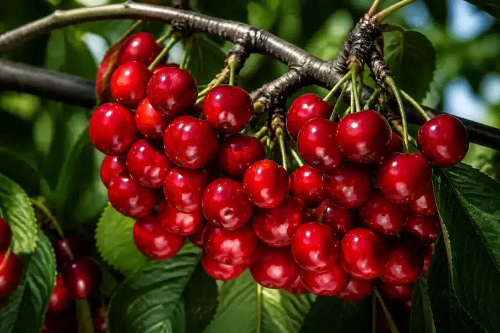 Cerises rouges en grappe dense sur branche verte