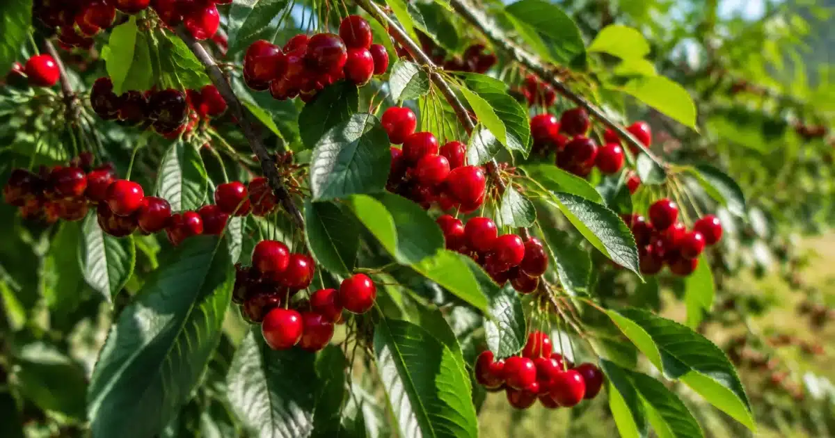 Branches chargees de cerises rouges pendent vers le sol