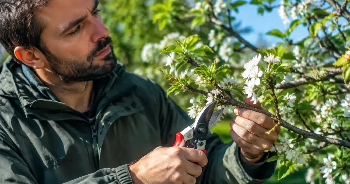 Jardinier examinant branche cerisier avant coupe sécateur
