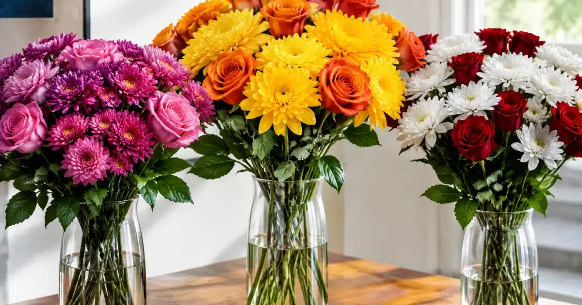 Bouquets chrysanthemes roses poses verticalement dans vases transparents remplis eau