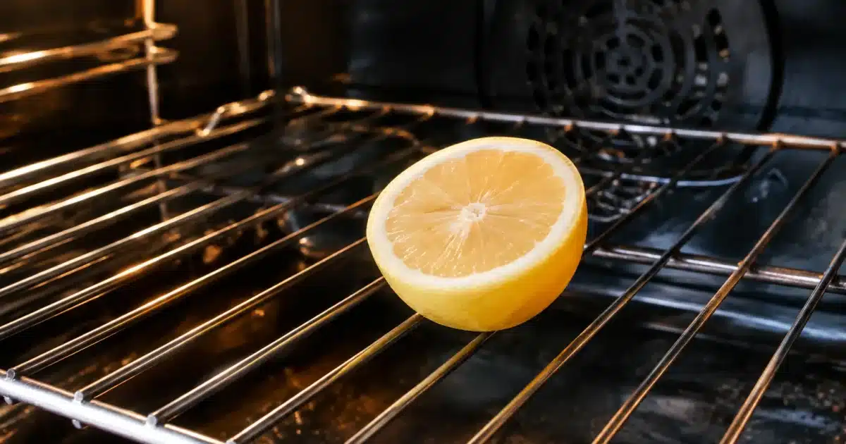 Moitie citron posee sur grille four ouvert avant nettoyage