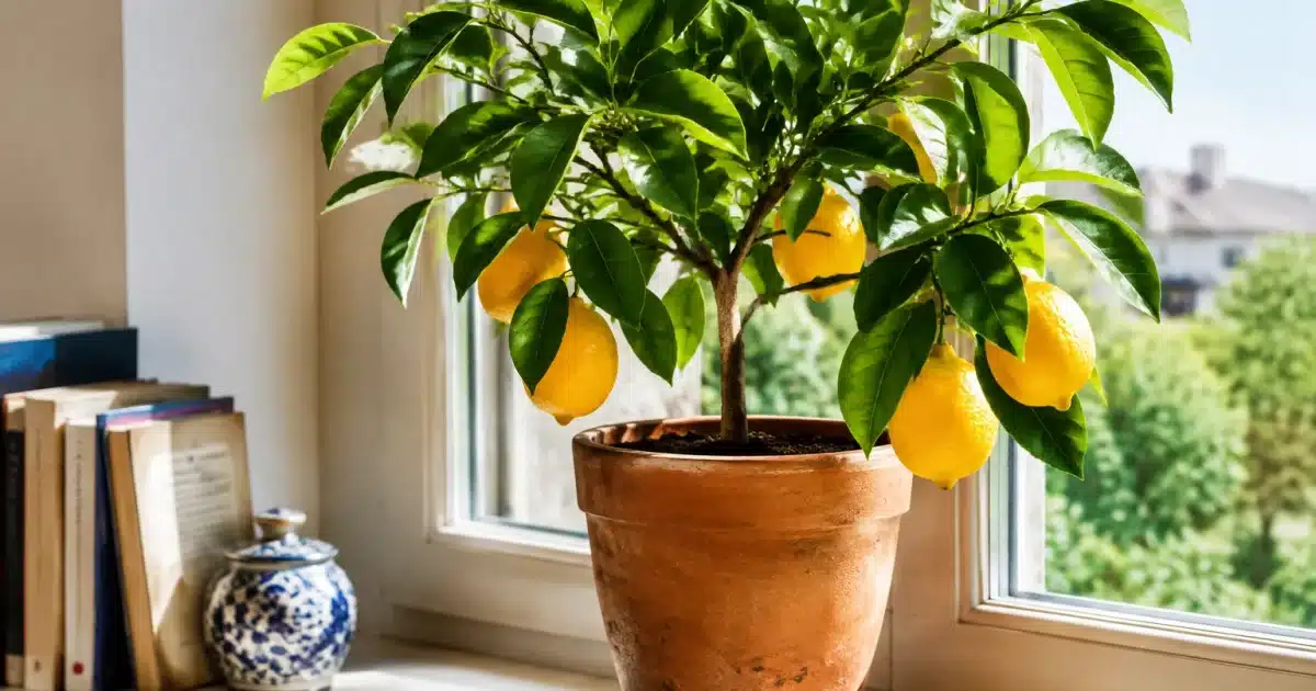 Citronnier en pot posé sur rebord fenetre lumineuse interieur maison