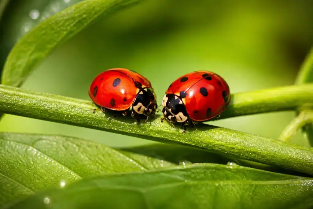 Deux coccinelles rouges côte à côte, points noirs visibles, dôme bombé