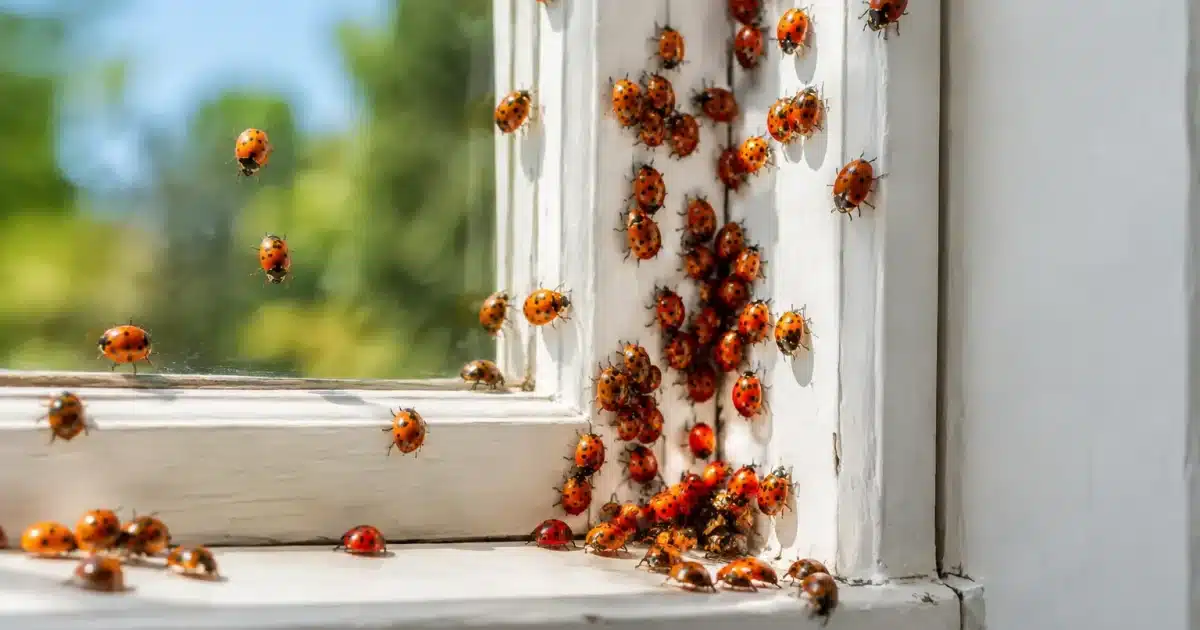 Centaines coccinelles oranges agrippées cadre fenetre interieur