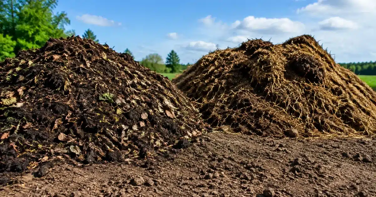 Compost et fumier empilés sur terre brune stérile