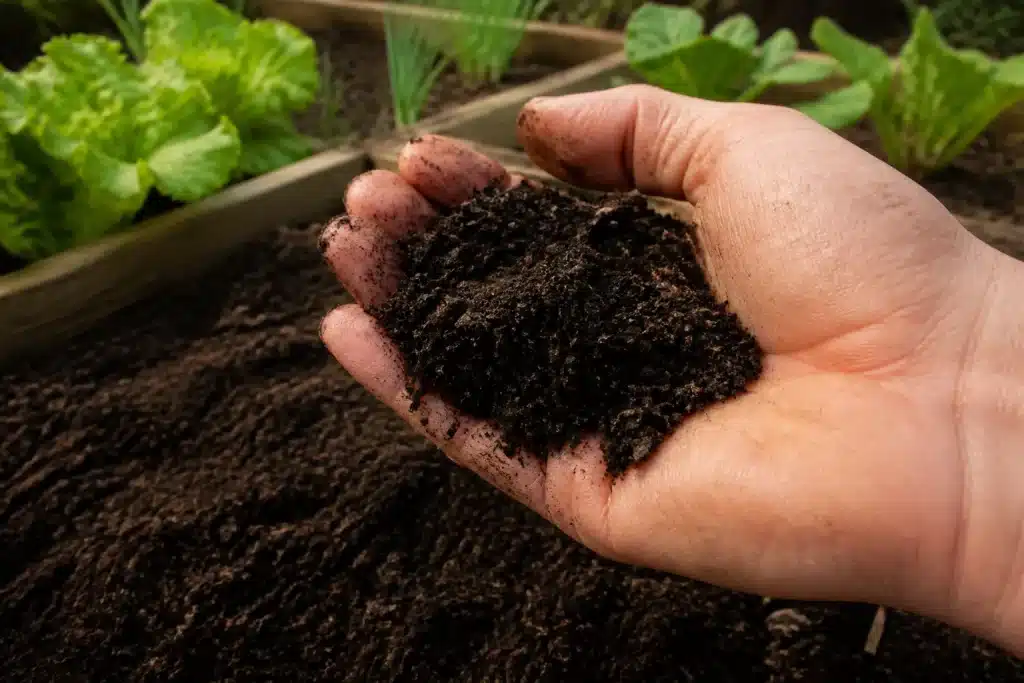 Main versant compost noir friable dans potager fertile