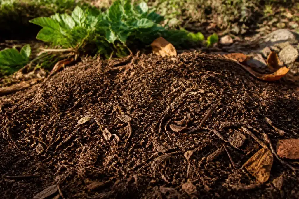 Compost brun répandu sur terre de jardin automnal