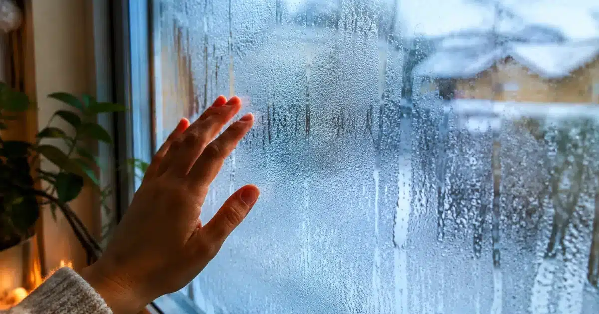 Condensation épaisse couvrant vitre intérieure maison par temps froid