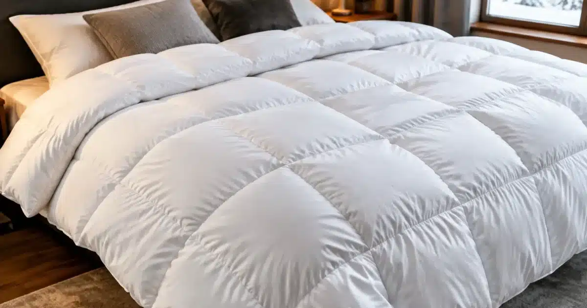 Couette epaisse etalee sur lit avant utilisation hivernale