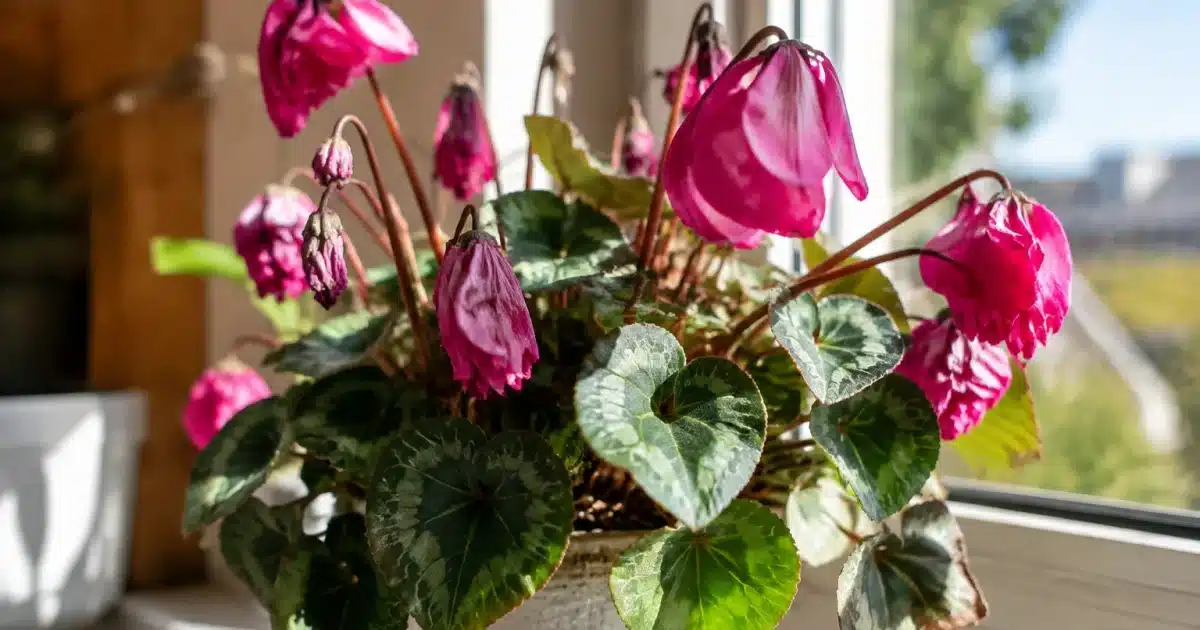 Fleurs cyclamen fanees placees pres d'une fenetre ensoleille