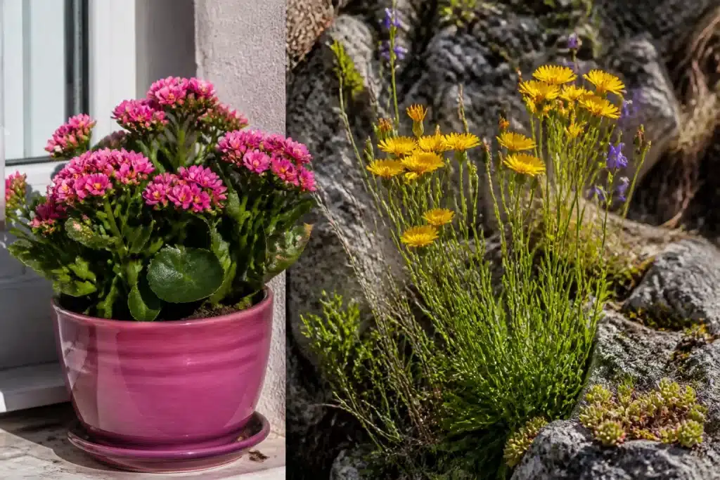 Potée fleurie rose intérieur versus fleurs sauvages rocaille extérieure