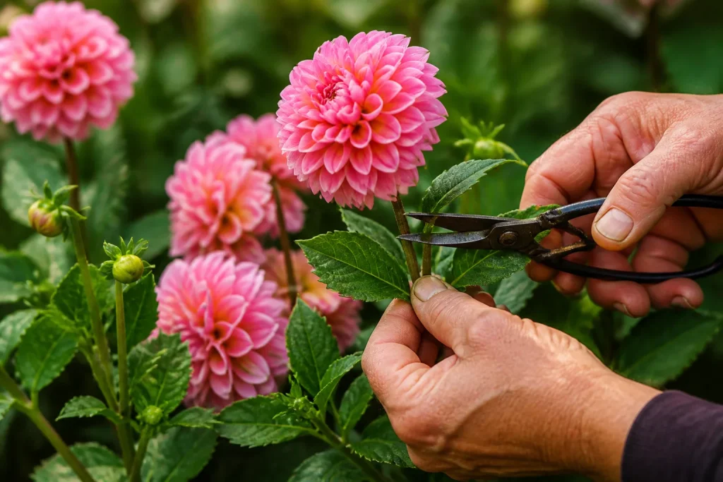 Mains taillant dahlia rose avec secateur pointu