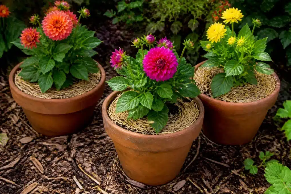 Dahlias en pots avec paillis protecteur sur sol drainé