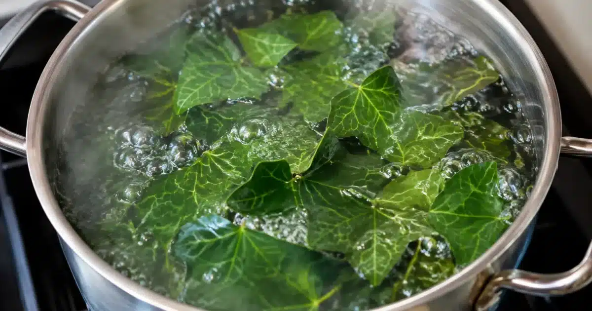 Pot d'eau bouillante avec feuilles de lierre vert immergees dedans
