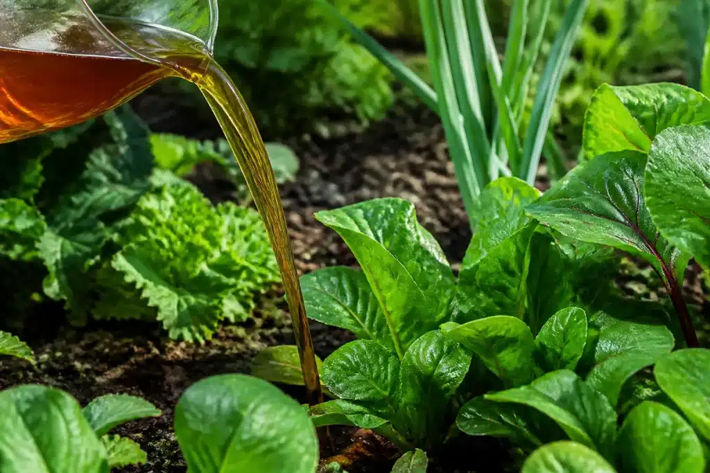Liquide ambré versé sur plantes vertes du jardin