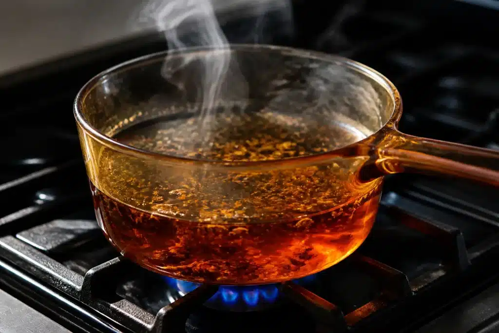 Casserole fumante contenant liquide infusé ambré sur cuisinière