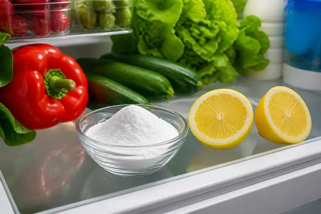 Bicarbonate blanc dans coupelle, citron coupé, interieur refrigerateur