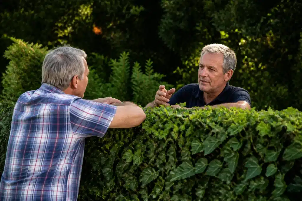 Deux voisins discutent devant haie dense et touffue