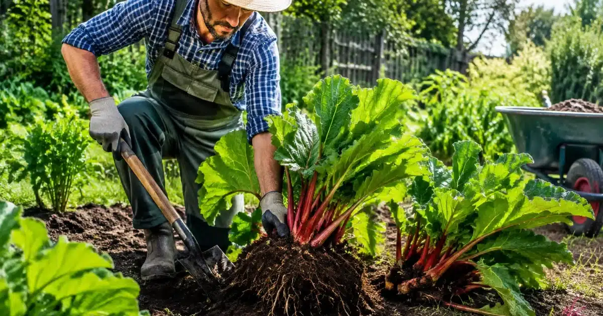 Jardinier divisant rhubarde en touffes avec pelle dans potager