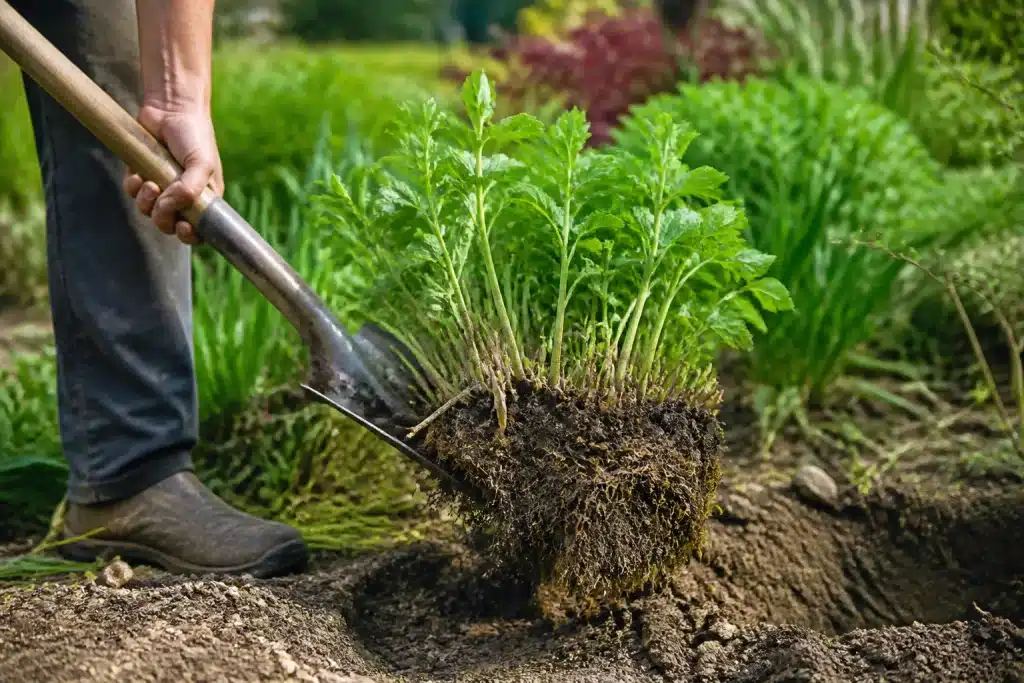 Jardinier extrayant touffe vivace à la bêche