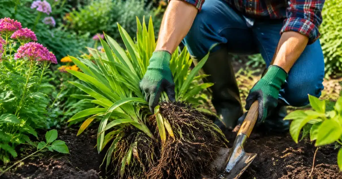 Jardinier divisant plante vivace avec pelle dans massif terrestre