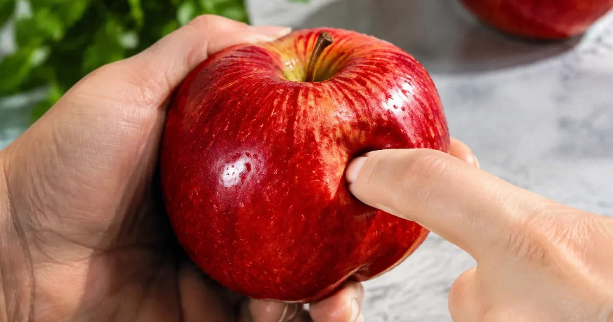 Doigts enfoncant dans une pomme rouge pour verifier fermete
