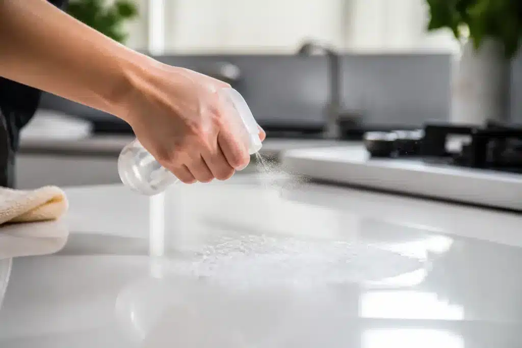 Mains pulvérisant bicarbonate sur surface cuisine blanche