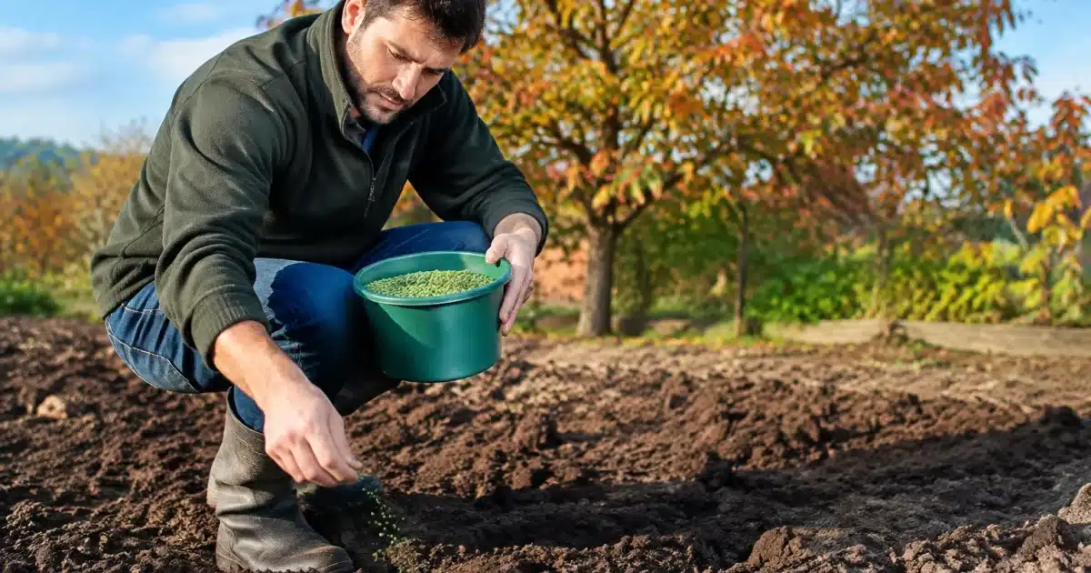 Jardinier répandant des graines vertes sur terre labourée en automne
