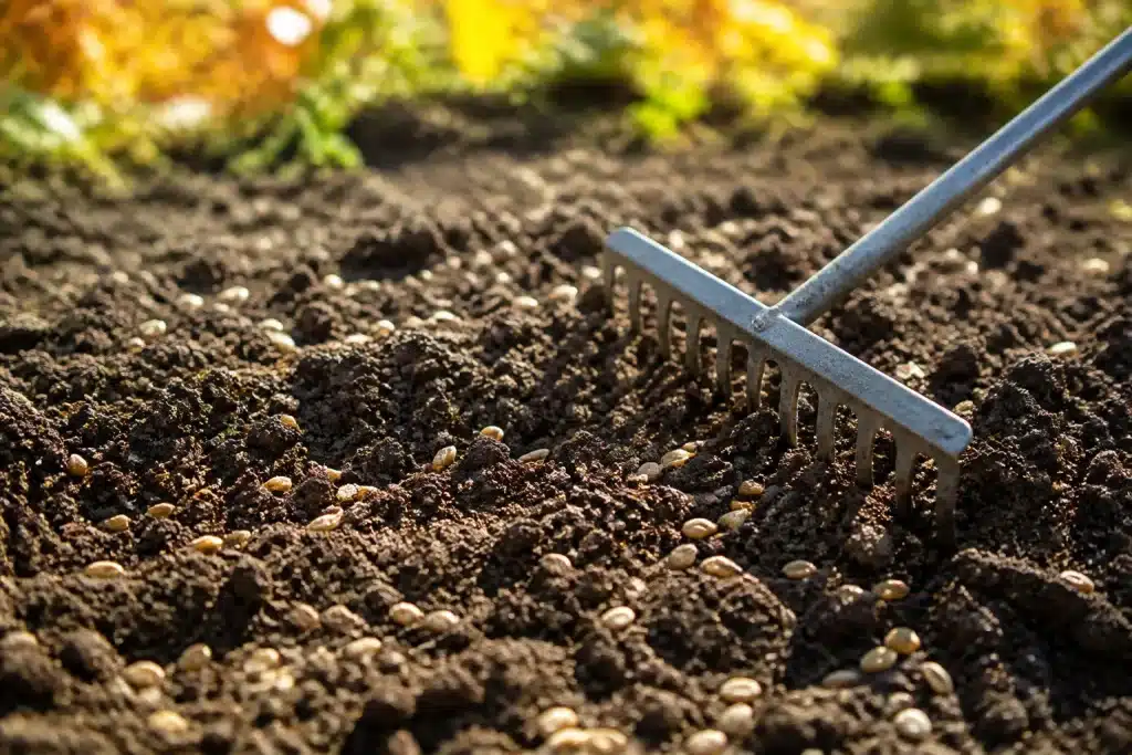 Graines dispersees sur terre labouree avec rateau jardin automne