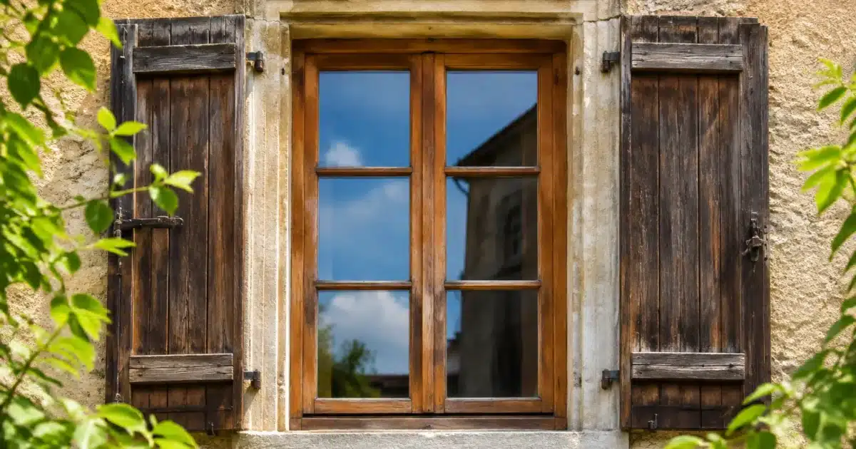 Fenetre historique avec cadre bois ancien dans facade protegee
